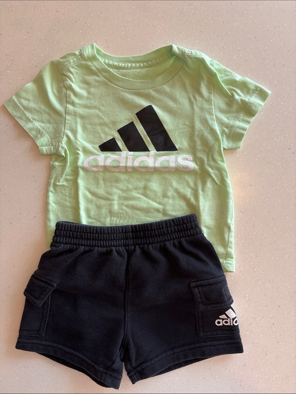 adidas Light Green Logo Tee with Black Shorts